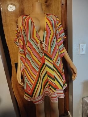 Violet Sky Retro Rainbow Stripe Kaftan Beach Coverup Tunic Dress with Tassels